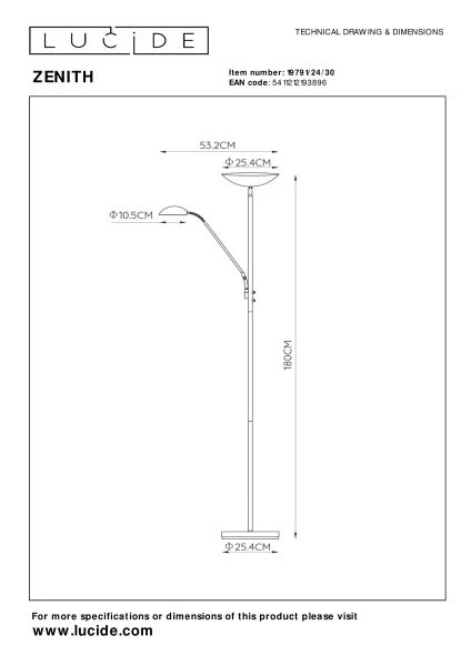 Lucide ZENITH - Lampadaire / lampe de lecture - LED Dim. - 3000K - Noir - technique